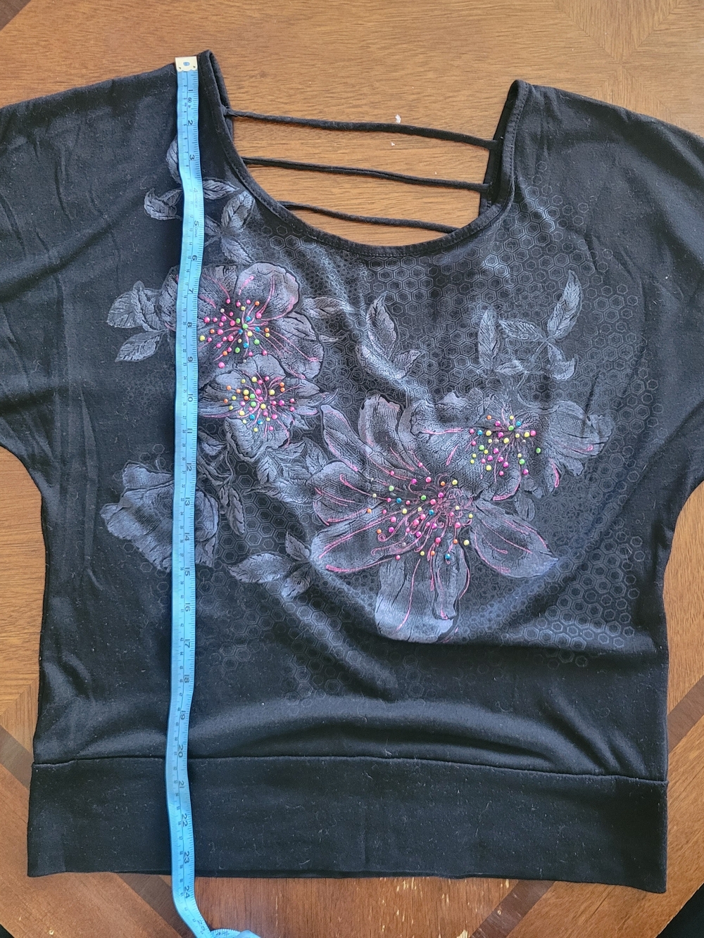 Dots Black Short Sleeve Floral Embellished Tee